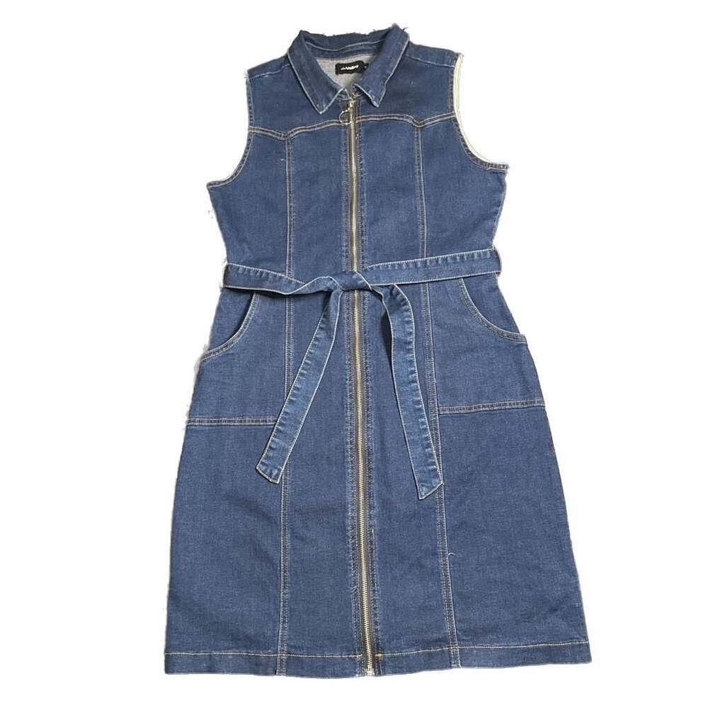 Miss Valley Sleeveless Belted Zip Up Denim Midi Dress, Size 10